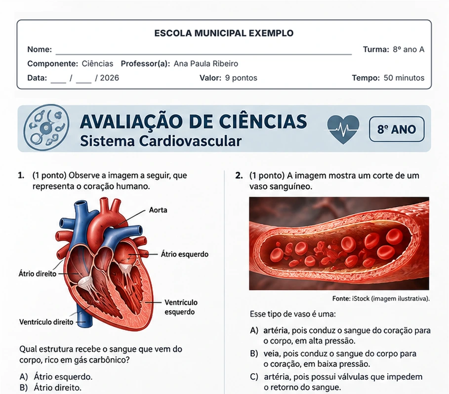 Prova de Ciências do 8º ano sobre sistema cardiovascular, com cabeçalho da escola e ilustrações
