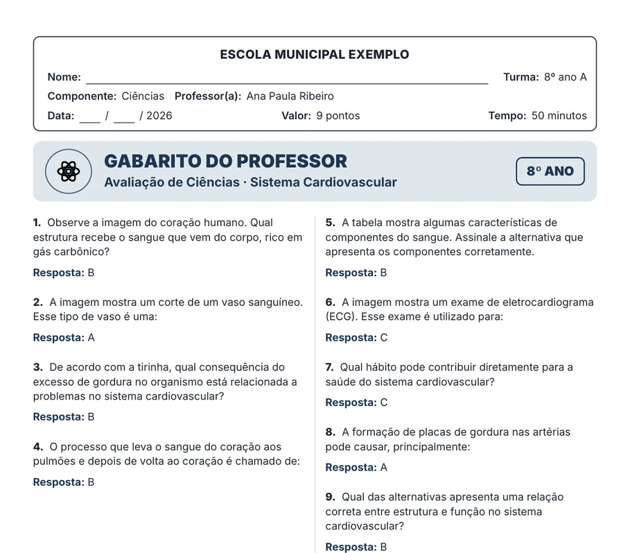 Gabarito do professor da avaliação de Sistema Cardiovascular