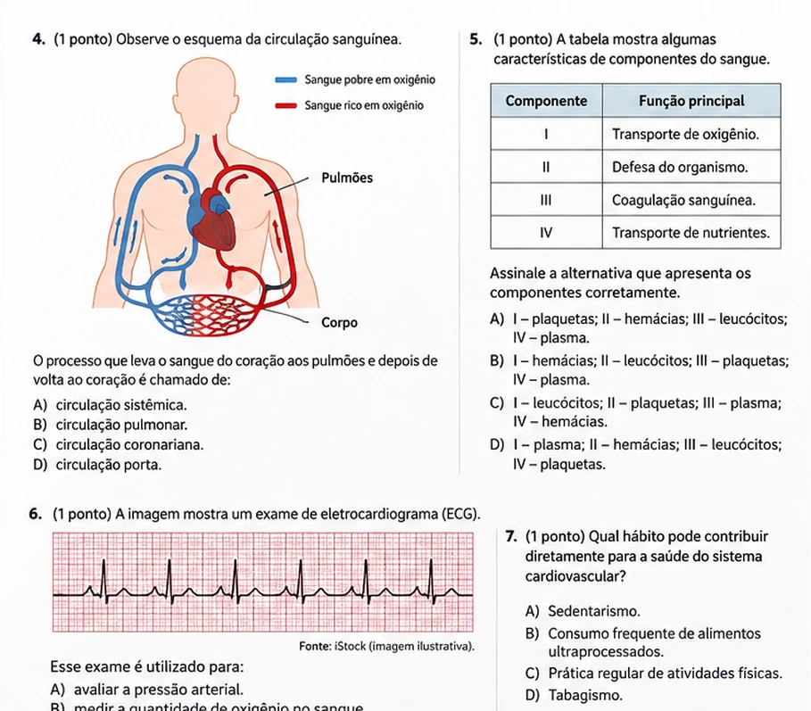 Segunda página da avaliação, com esquema da circulação, tabela e eletrocardiograma